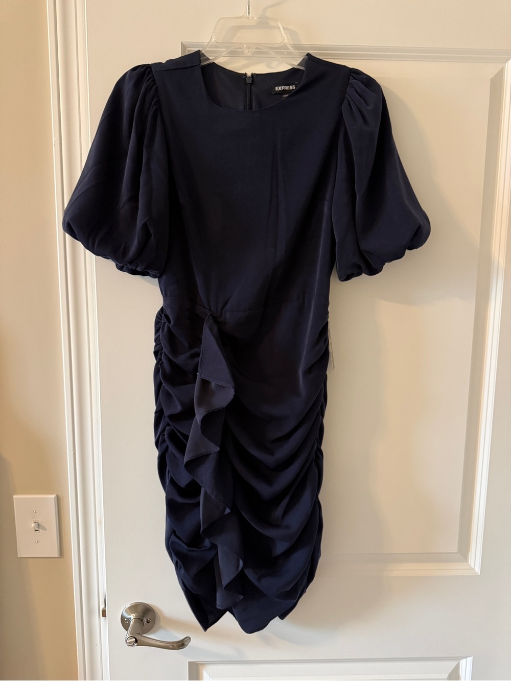 Express Navy Puff-Sleeve Ruched Midi Dress NWT